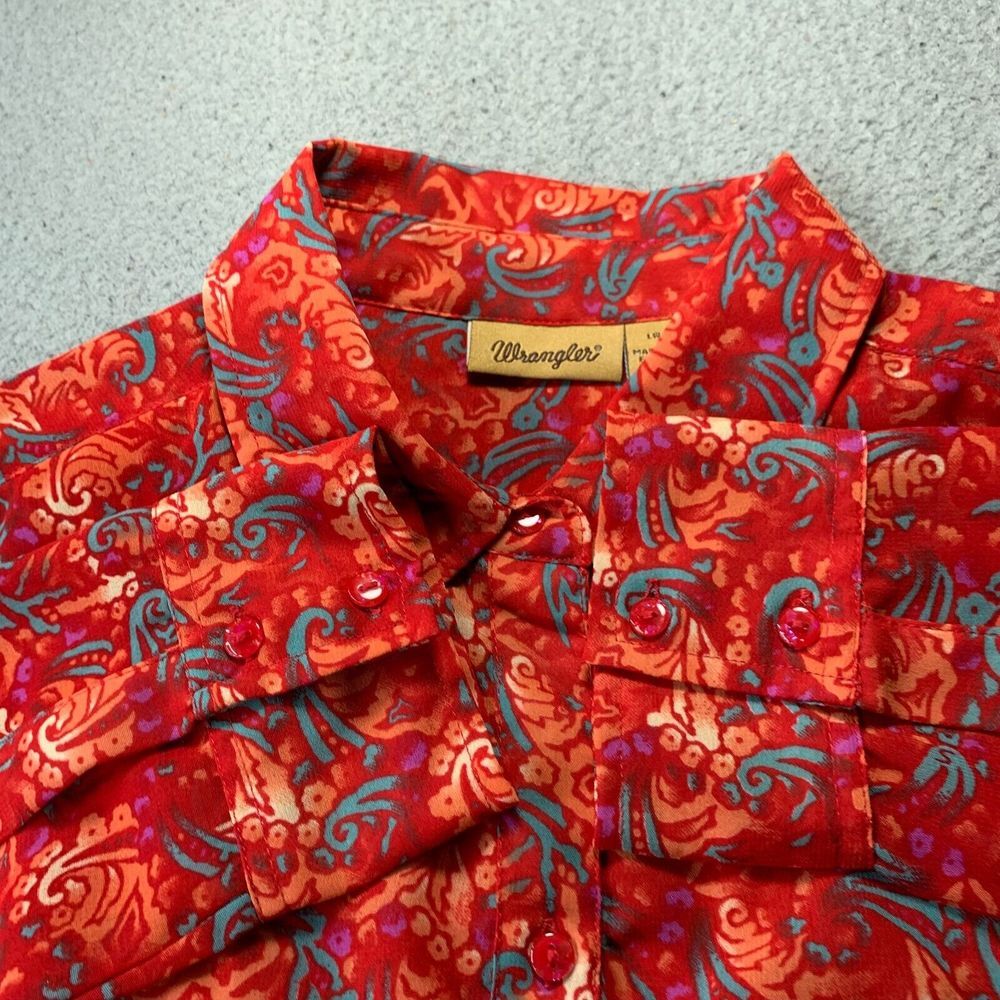 WRANGLER Shirt Womens Large Button Up Blouse Top Floral Sheer Red - Picture 7 of 7